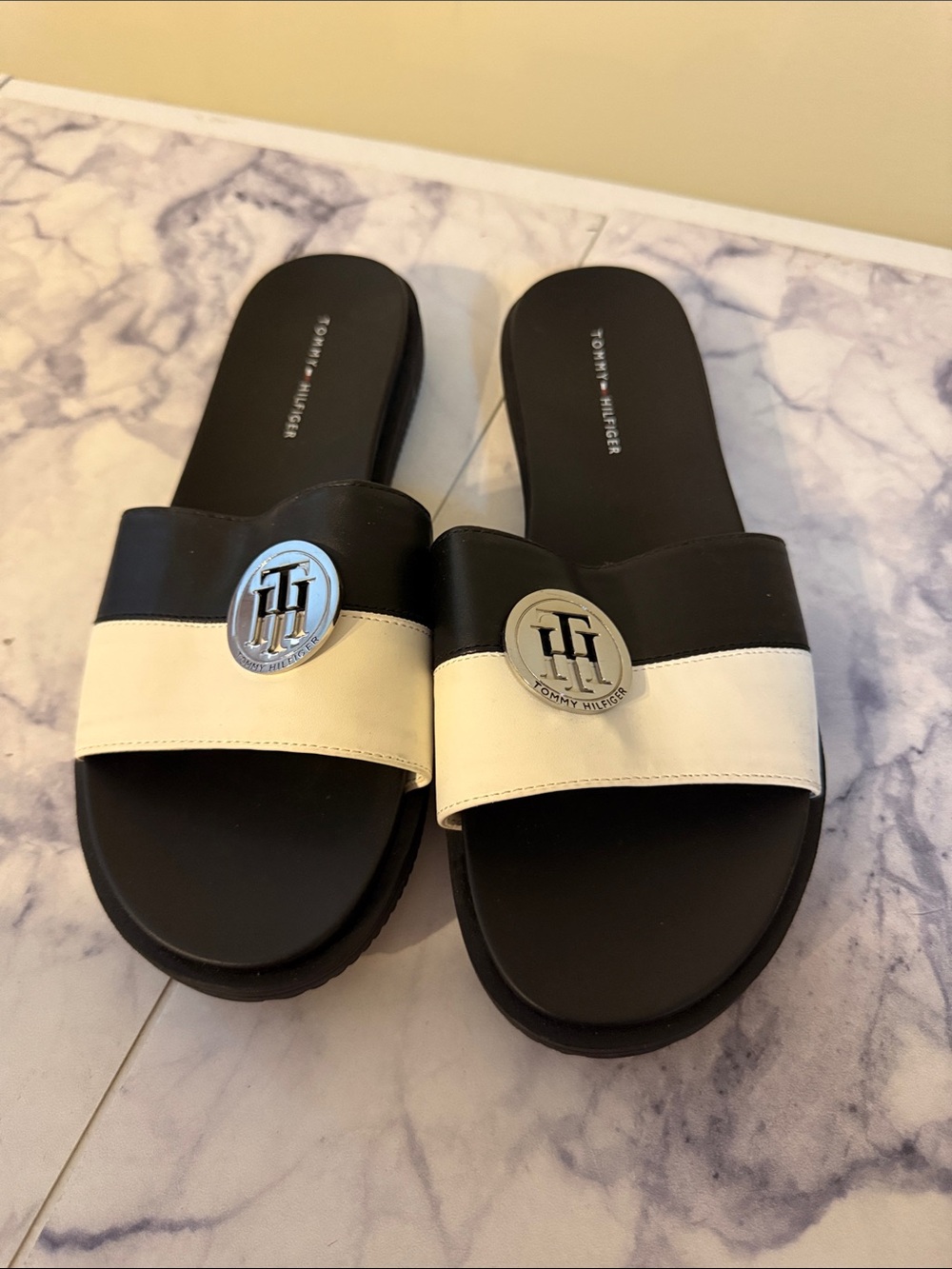 Tommy Hilfiger Black and White Logo Slide Sandals